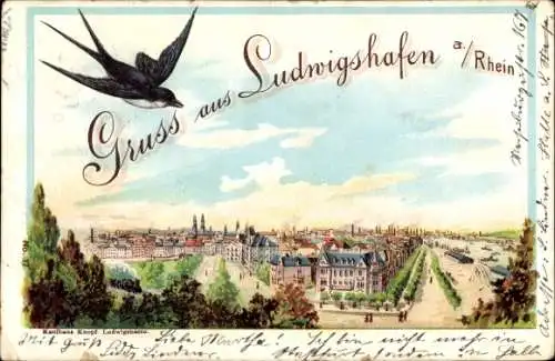 Litho Ludwigshafen am Rhein, Stadt aus der Vogelschau gesehen, Schwalbe