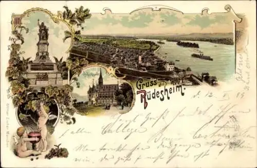 Litho Rüdesheim am Rhein, Gesamtansicht, Niederwald-Nationaldenkmal, Rochuskapelle