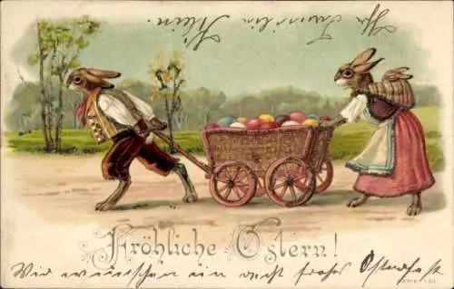 Litho Glückwunsch Ostern, Osterhasen, Karre mit Ostereiern