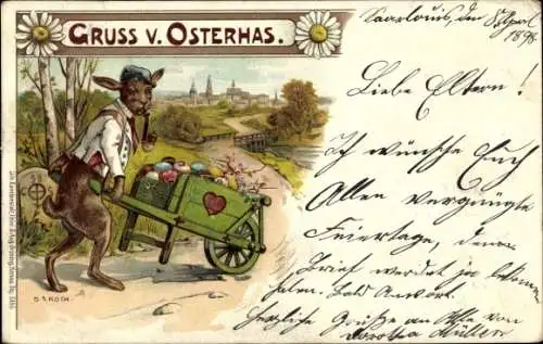 Künstler Litho, Koch, Glückwunsch Ostern, Osterhase, Schubkarre, Pfeife