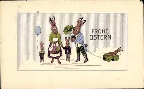 Ak Glückwunsch Ostern, Osterhasen-Familie, Glücksklee