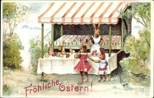 Litho Glückwunsch Ostern, Osterhasen, Handel, Händlerin