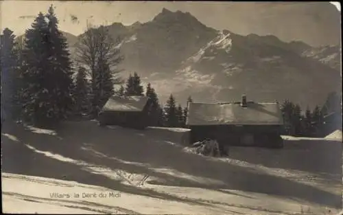 Ak Villars Kanton Waadt, zwei Hütten im Winter, Berge