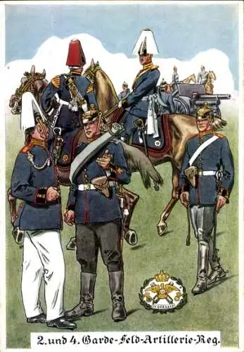 Künstler Ak Pietsch, Paul, 2. und 4. Garde Feld Artillerie Regiment, Geschütz, Wappen St. Barbara