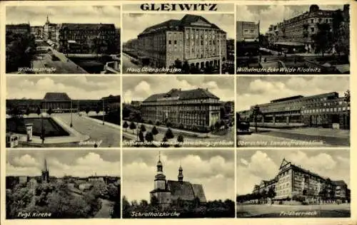 Ak Gliwice Gleiwitz Oberschlesien, Kirchen, Landfrauenklinik, Bahnhof, Haus Oberschlesien