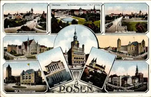 Ak Poznań Posen, Rathaus, Dom, Neues Theater, Residenzschloss, Akademie, Theaterbrücke, Alter Markt