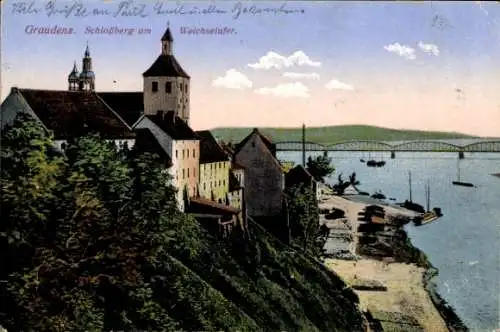 Ak Grudziądz Graudenz Westpreußen, Schlossberg am Weichselufer, Brücke