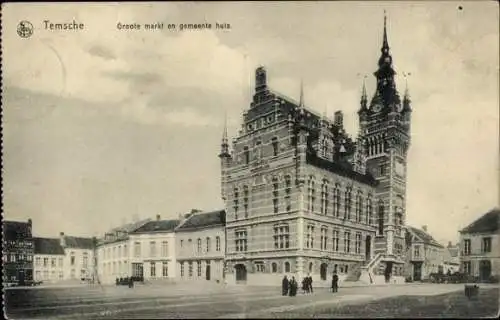 Ak Tamise Temse Temsche Ostflandern, Groote markt, gemeente huis