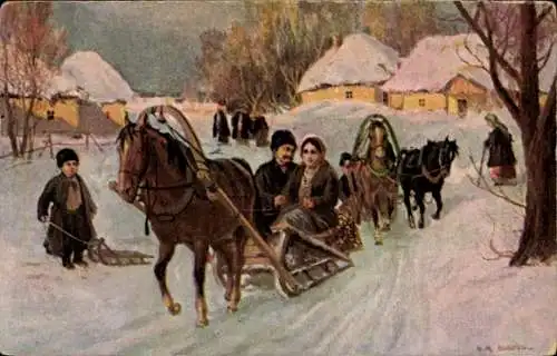 Künstler Ak Russland, Pferdegespanne im Winter, Pferdeschlitten