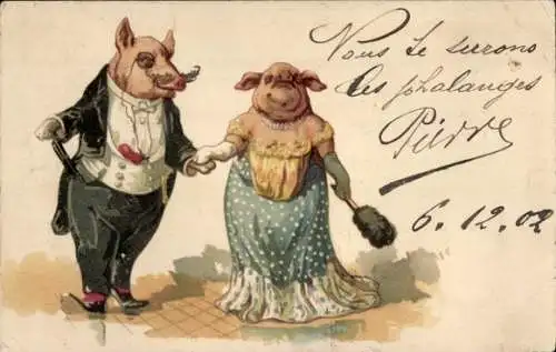 Litho Schweine in eleganter Kleidung, Frack, Monokel