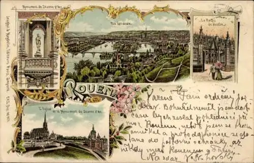 Litho Rouen Seine Maritime, Monument de Jeanne d'Arc, Panorama, Justizpalast, Kirche