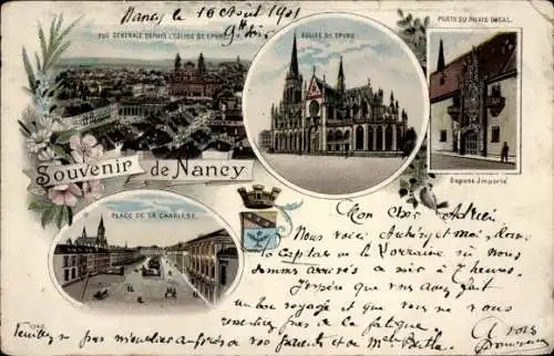 Litho Nancy Meurthe et Moselle, Gesamtansicht, Kirche St. Epvre, Tür des Herzogspalastes