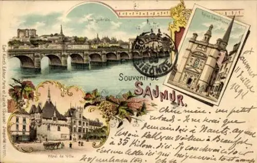 Litho Saumur Maine et Loire, Gesamtansicht, Brücke, Rathaus, Kirche St. Pierre