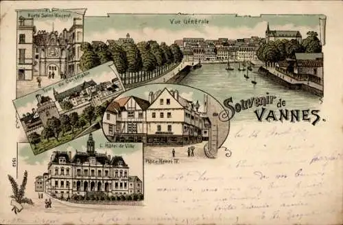 Litho Vannes Morbihan, Gesamtansicht, Porte Saint-Vincent, Rathaus, Place Henri IV