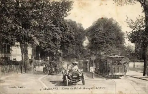 Ak Suresnes Hauts de Seine, Eingang zum Bois de Boulogne, L’Octroi, Straßenbahn