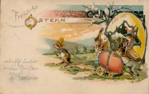 Glitzer Ak Fröhliche Ostern, Hasen ziehen großes Osterei, Zollamt