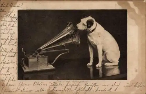 Ak Die Stimme seines Herren, Hund schaut in ein Grammophon