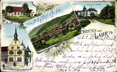 Litho Lahr im Schwarzwald Baden, Panorama, Burgheimer Kirche, Stadtpark, Rathaus