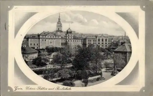 Präge Passepartout Ak Greiz in Thüringen, Unteres Schloss und Realschule