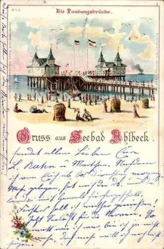 Litho Ostseebad Ahlbeck auf Usedom, Die Landungsbrücke, Strand, Strandkörbe