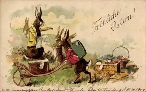 Ak Fröhliche Ostern, Hasen verteilen Ostereier