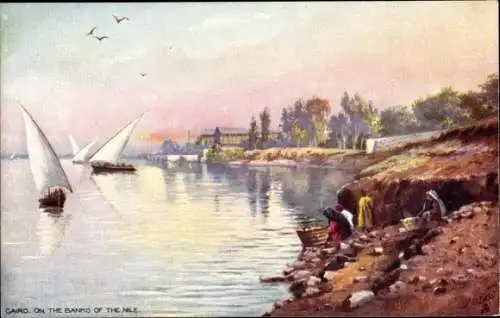 Ak Ägypten, On the Banks of the Nile, Segelboote