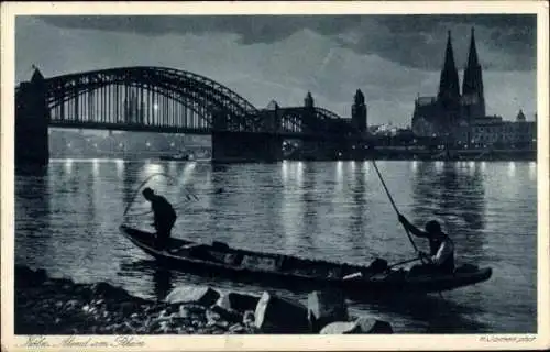 Ak Köln am Rhein, Teilansicht, Brücke, Dom, Abendansicht, Fischerboot