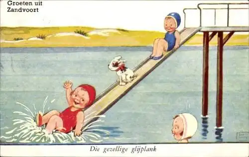 Künstler Ak Wills, John, Kinder am Strand, Badeanzüge, Wasserrutsche