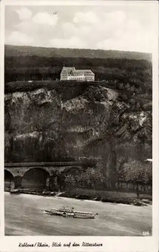 Ak Koblenz am Rhein, Blick auf den Rittersturz, Brücke, Dampfer