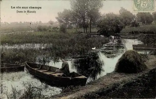 Ak Französische Tracht, Mann im Ruderboot, Fluss