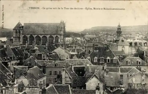 Ak Vernon Eure, ce qu'on voit de la Tour des Archives, Eglise, Mairie, Maisons avoisinantes