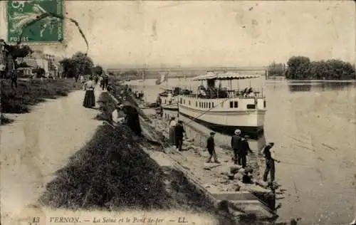 Ak Vernon Eure, La Seine, le Pont de fer