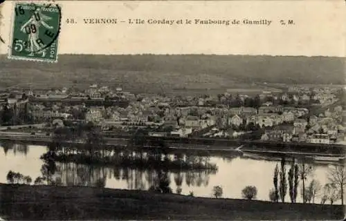 Ak Vernon Eure France, l'Ile Corday et le Faubourg de Gamilly