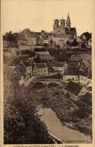 Ak Semur en Auxois Côte-d’Or, Detailansicht, Burg, Brücke, Armancon