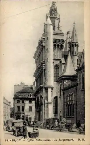 Ak Dijon Côte d'Or, Kirche Notre Dame, Jacquemart, Kutschen, Autos