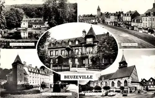 Ak Beuzeville Eure, Chateau Saint Andre d'Hebertat, Marktplatz, Chalet Normand, Kirche