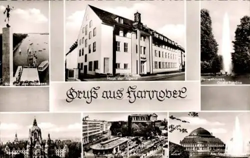 Ak Hannover in Niedersachsen, Haus der Jugend, Rathaus, Herrenhausen, Große Fontäne, Stadthalle