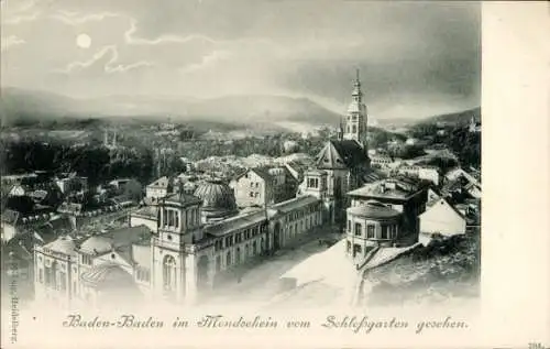 Ak Baden Baden am Schwarzwald, Blick vom Schlossgarten, Nacht, Vollmond