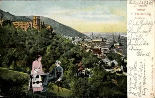 Ak Heidelberg am Neckar, Teilansicht, Schloss, Frau, Mann, Spruch