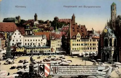 Ak Nürnberg in Mittelfranken, Hauptmarkt mit Burgpanorama, Wappen