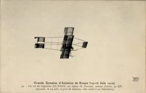 Ak Große Flugwoche von Rouen 1910, Biplan H. Farman, Capitaine Dickson im Flug