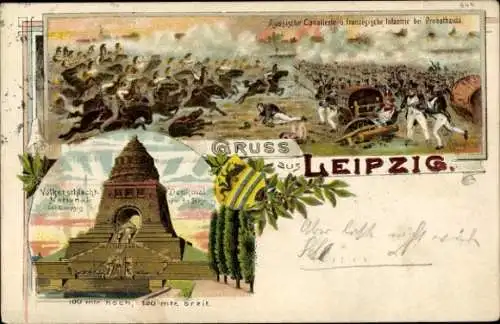 Litho Leipzig, Völkerschlachtdenkmal, Russ. Cavallerie u. franz. Infanterie bei Probsthaida