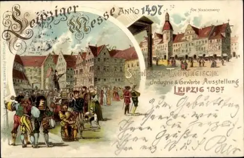 Litho Leipzig in Sachsen, Leipziger Messe 1497, Am Naschmarkt, Auerbachs Hof