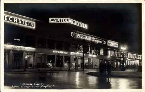 Ak Berlin Charlottenburg, Hardenbergstraße mit Capitol, Nachtansicht, Leuchtreklame Bechstein