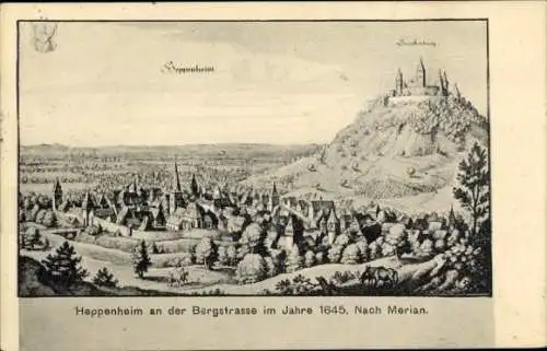 Künstler Ak Heppenheim an der Bergstraße, Panorama nach Merian, 1645