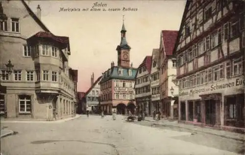 Ak Aalen im Ostalbkreis Württemberg, Marktplatz mit altem u. neuem Rathaus, Gasthaus zum Schwanen