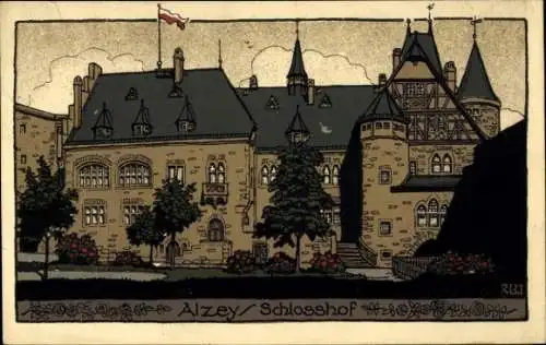 Steindruck Ak Alzey in Rheinhessen, Schloss und Schlosshof