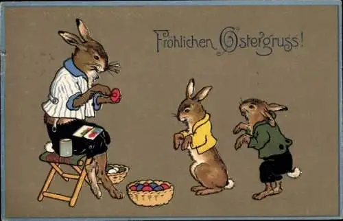 Ak Glückwunsch Ostern, Osterhasen, Ostereier, Korb