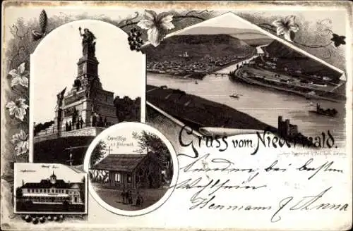 Vorläufer Litho Rüdesheim am Rhein, Niederwald-Denkmal, Eremitage, Jagdschloss, Panorama