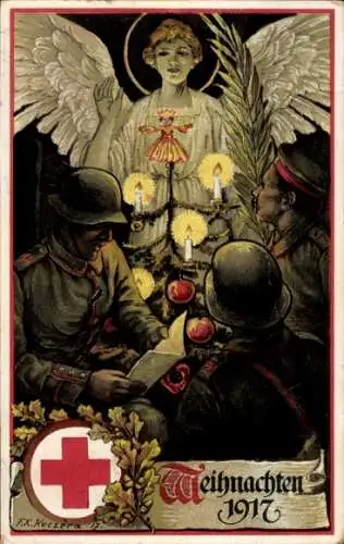 Künstler Ak Weihnachten 1917, Engel, Tannenbaum, Soldaten, I. WK, Rotes Kreuz